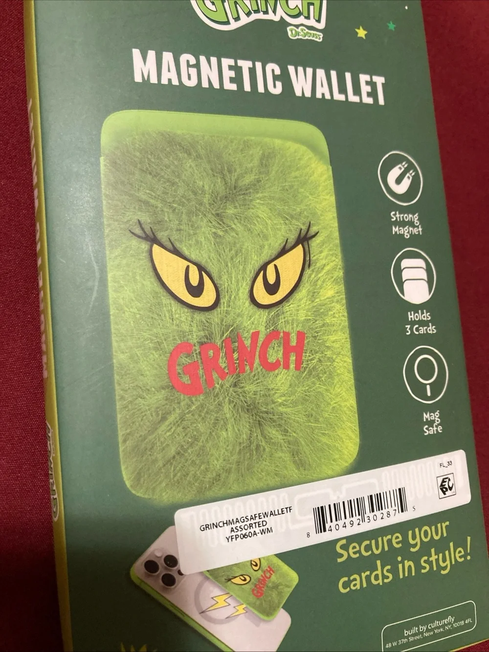 The Grinch Fuzzy Magnetic Wallet For iPhones Holds 3 Cards Strong Magnet New